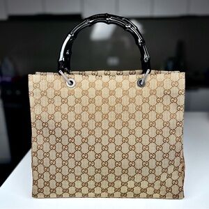 Gucci GG Monogram Canvas Bamboo Hand Bag